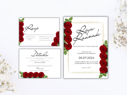 Red and White Wedding Invitation Set, Red Roses Wedding Invite, Floral Wedding, RSVP Card, Details Card, Printable Wedding Invite Suite.WT81