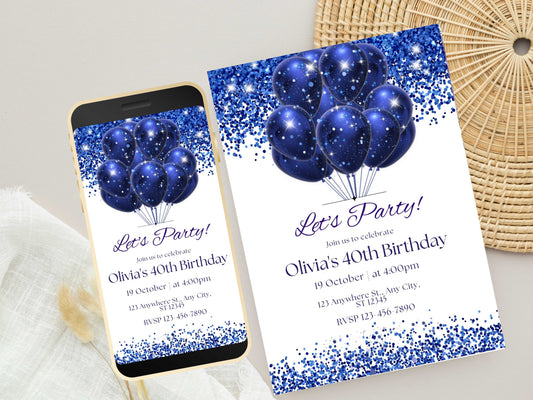 Editable Blue Birthday Invitation for Men, Printable Navy Blue Birthday Party Invitation, Classy Balloons Text Evite Template WEIB82