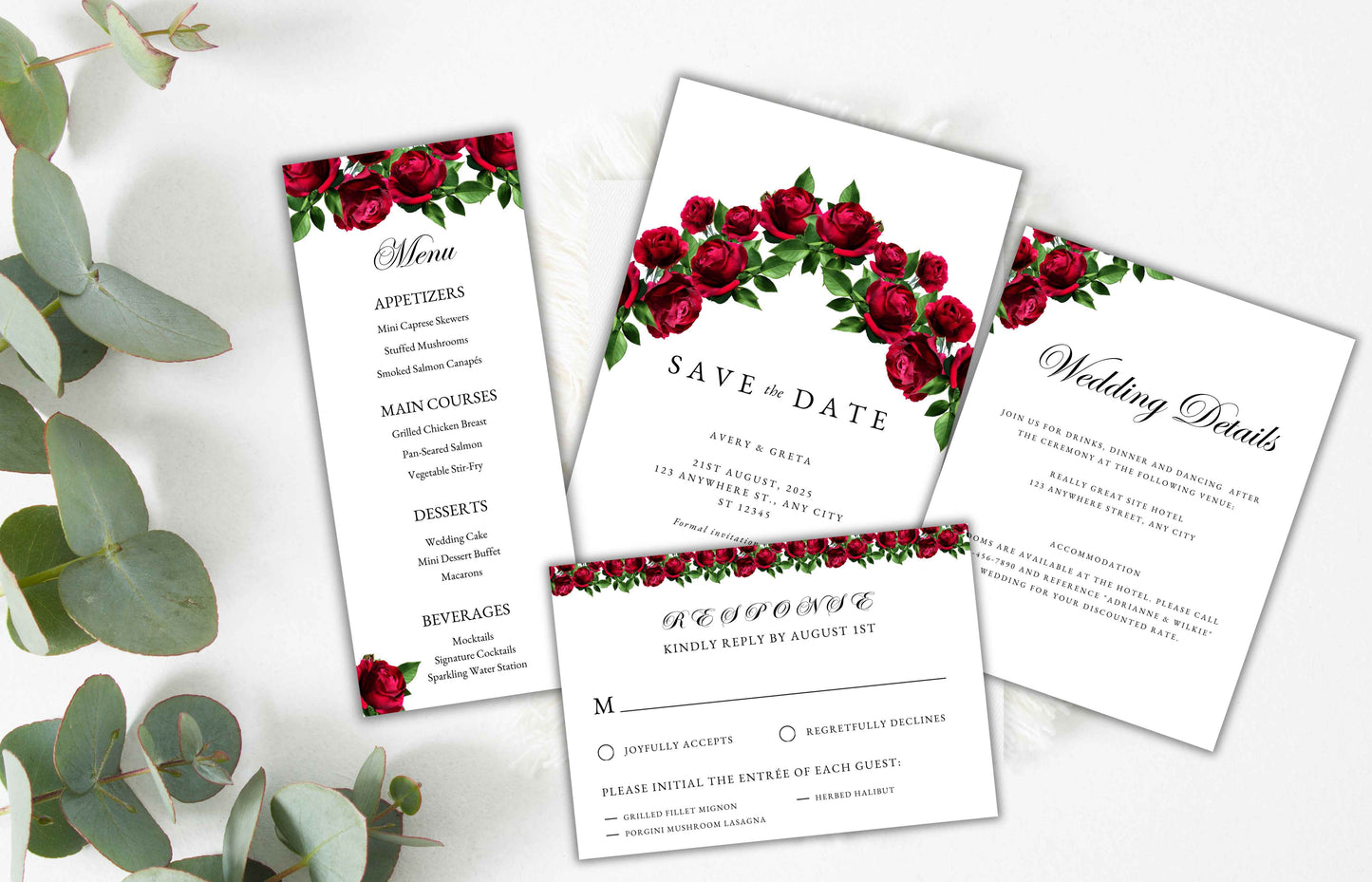 Red Rose Wedding Invitation set, Red Rose RSVP, Dark Red floral, Elegant Red Rose wedding Invitation, Details Editable, Menu Card, WT39