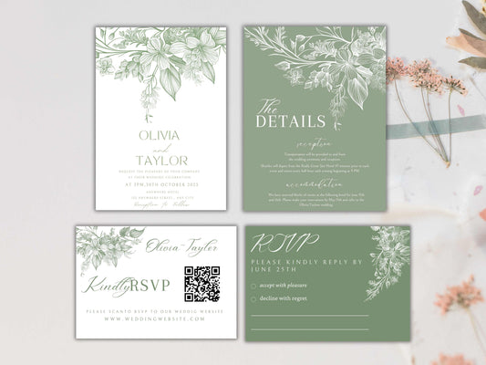 Sage Green Wedding Invitation Suite with Qr Code, Invite Set with Details Card, Modern Qr Code Rsvp, Elegant Green Wedding Template. WT 57