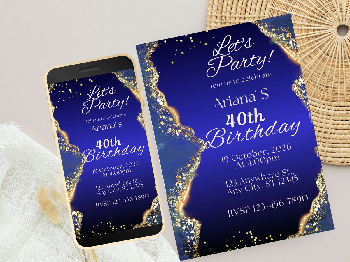 Blue Birthday Invitation, Adult Birthday Invitation, Navy Blue Birthday Evite, Blue & Gold Birthday Party Invite Template. WEIB84