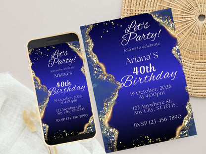 Blue Birthday Invitation, Adult Birthday Invitation, Navy Blue Birthday Evite, Blue & Gold Birthday Party Invite Template. WEIB84