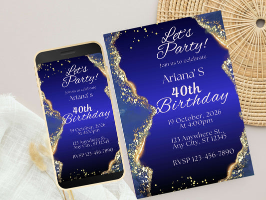 Blue Birthday Invitation, Adult Birthday Invitation, Navy Blue Birthday Evite, Blue & Gold Birthday Party Invite Template. WEIB84
