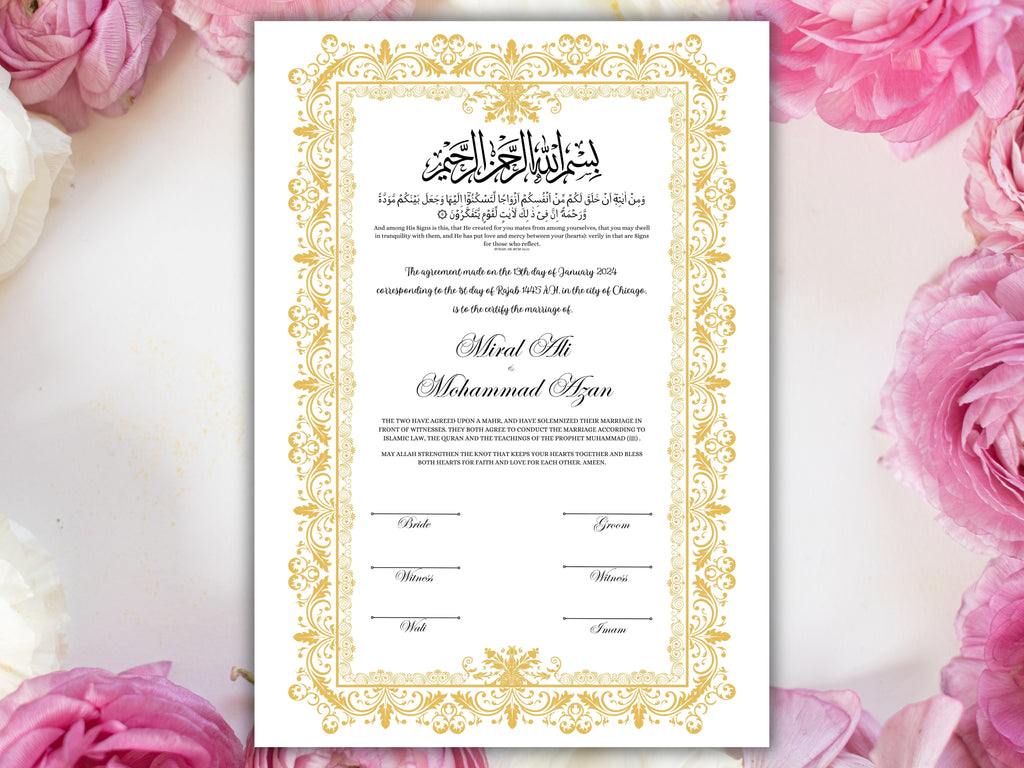 Luxury Nikkah Certificate, Premium A4 Islamic Wedding Contract, Nikkah Nama, Muslim Marriage Certificate, Personalised Names, A4, A3. NN250