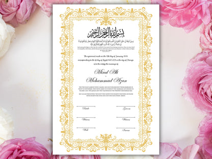 Luxury Nikkah Certificate, Premium A4 Islamic Wedding Contract, Nikkah Nama, Muslim Marriage Certificate, Personalised Names, A4, A3. NN250