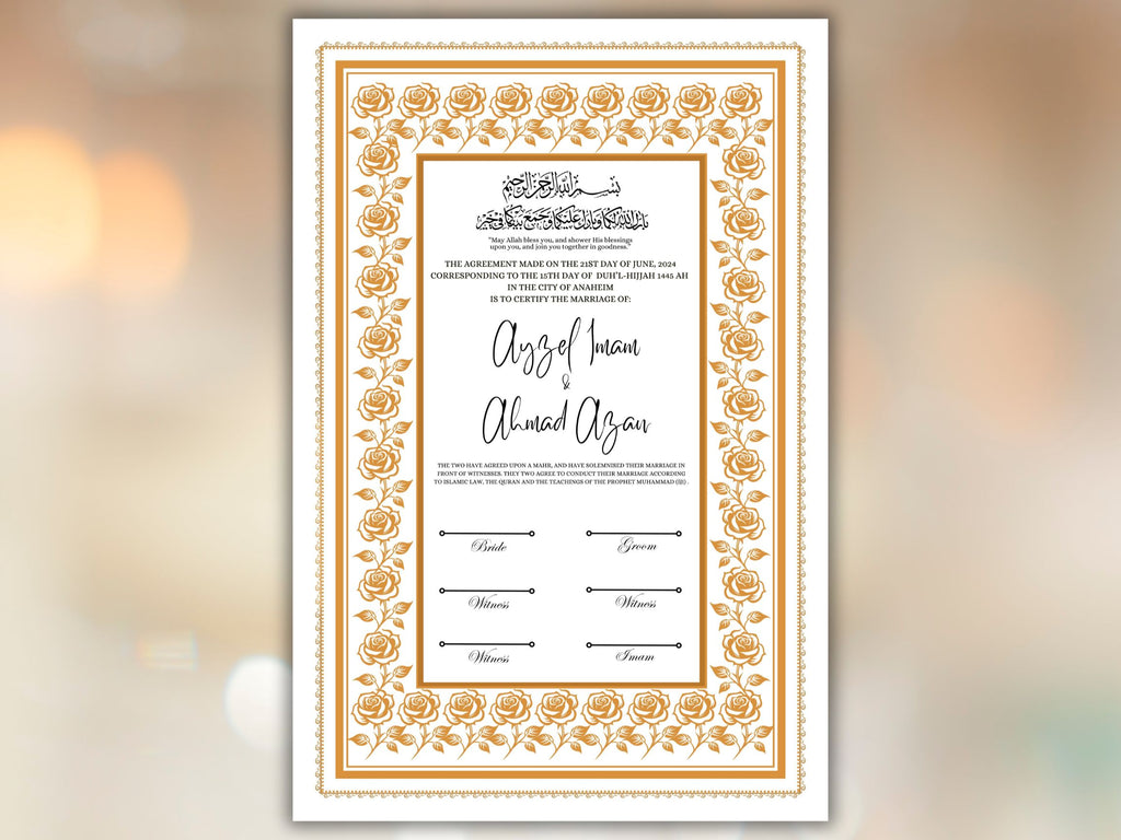 Rose Nikkah Certificate Template, Editable Nikkahnama, Printable Nikah Contract, Muslim Contract, Nikkah Islamic Marriage Contract.NN254