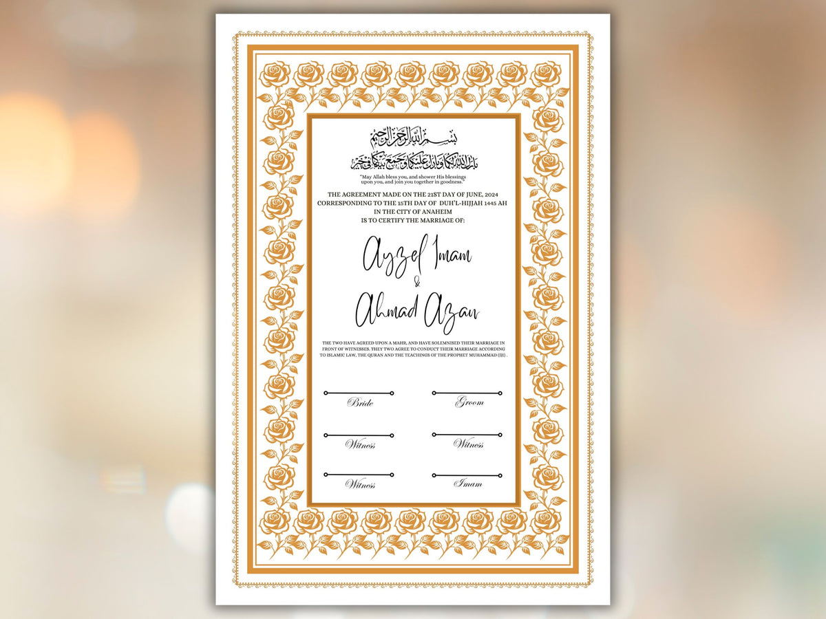 Rose Nikkah Certificate Template, Editable Nikkahnama, Printable Nikah Contract, Muslim Contract, Nikkah Islamic Marriage Contract.NN254