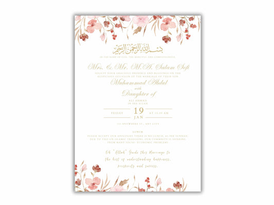 Floral Muslim Wedding Invitation Template, Wedding Card, Muslim Wedding Invitation, Islamic wedding invite, Editable Canva Template. WT37