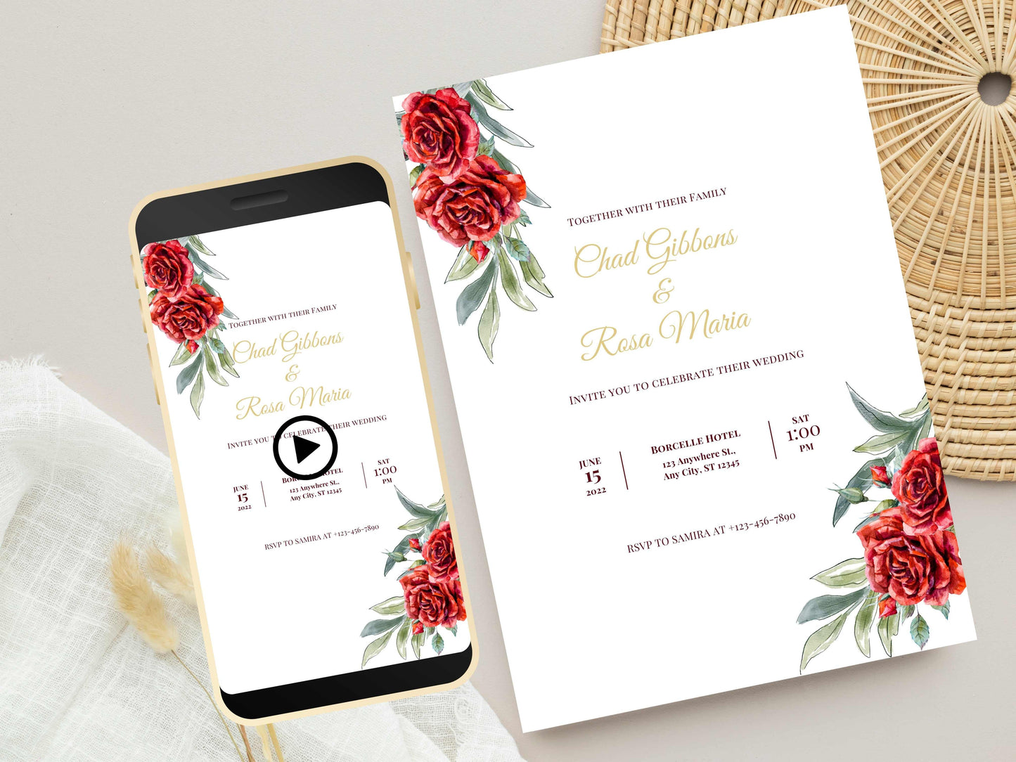 Red Rose Wedding Invitation, Electronic Wedding Invite Template , Digital Download, Red Rose Wedding Evite, Templett. WEI11