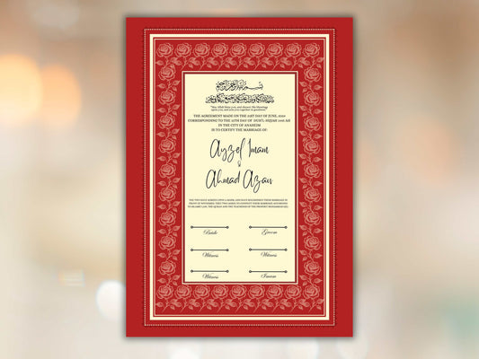 Rose Nikkah Certificate Template, Editable Nikkahnama, Printable Nikah Contract, Muslim Contract, Red Nikkah Islamic Marriage Contract.NN253