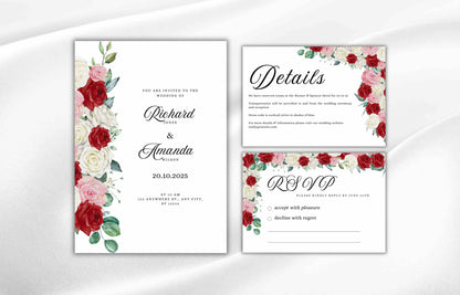 Red, Pink and White Roses Wedding Invitation Set, Red Roses Wedding Invite, Floral Wedding, RSVP Card, Details Card, Instant Download. WT89