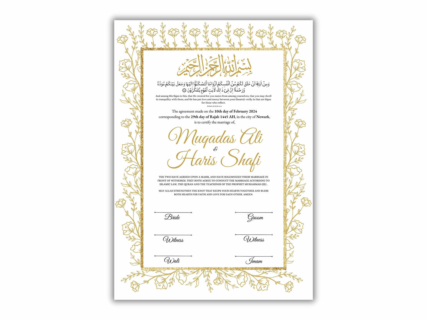 Gold Floral Nikkah Certificate Digital Download Personalised, A4, A3, Template, Instat Download. NN206