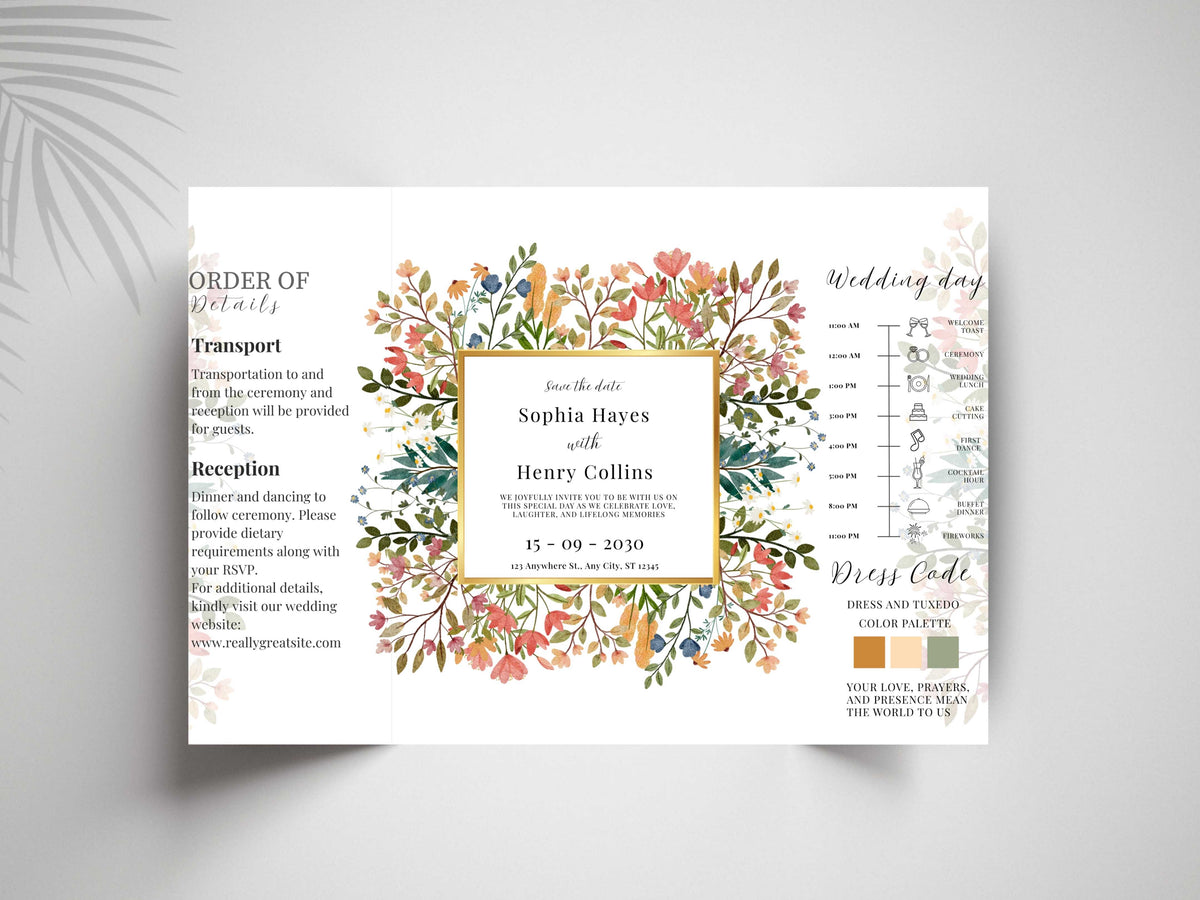 Floral Wedding Invitation Template | Save the Date with Timeline Schedule & Dress Code | Elegant Editable Printable Invite. WI169