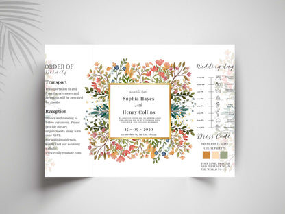 Floral Wedding Invitation Template | Save the Date with Timeline Schedule & Dress Code | Elegant Editable Printable Invite. WI169