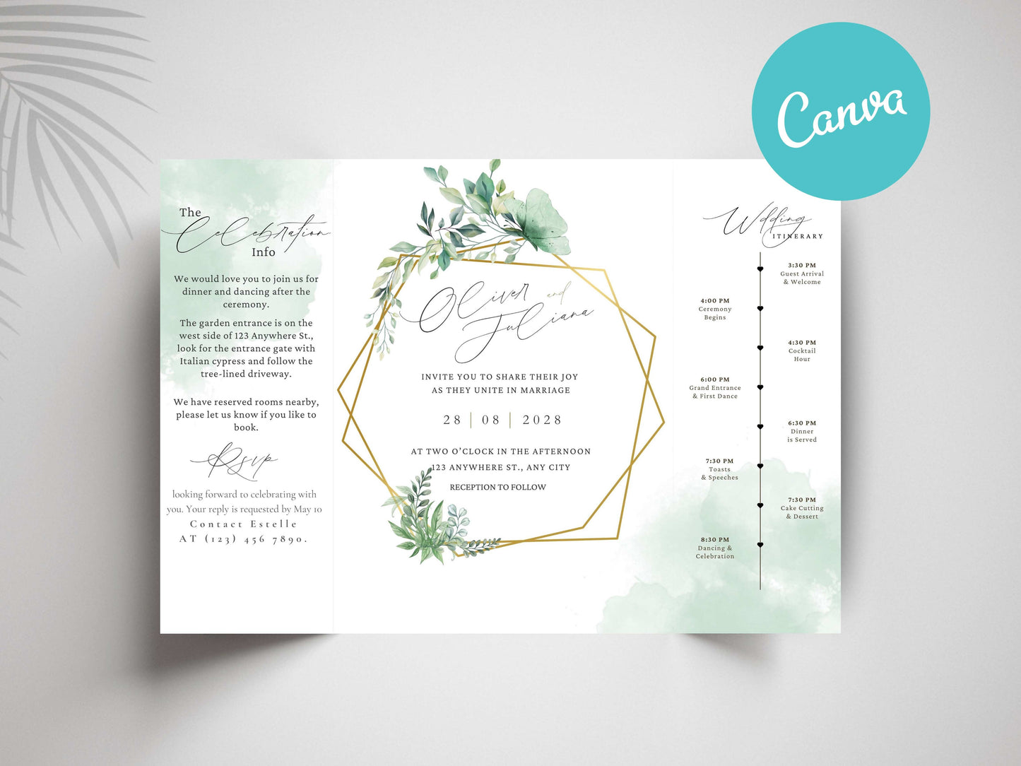 Elegant Greenery Trifold Wedding Invitation | Modern Minimalist Folded Invite with Itinerary | Botanical Geometric Gold Wedding Card. WI141