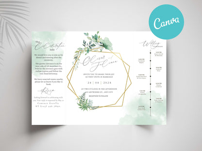Elegant Greenery Trifold Wedding Invitation | Modern Minimalist Folded Invite with Itinerary | Botanical Geometric Gold Wedding Card. WI141