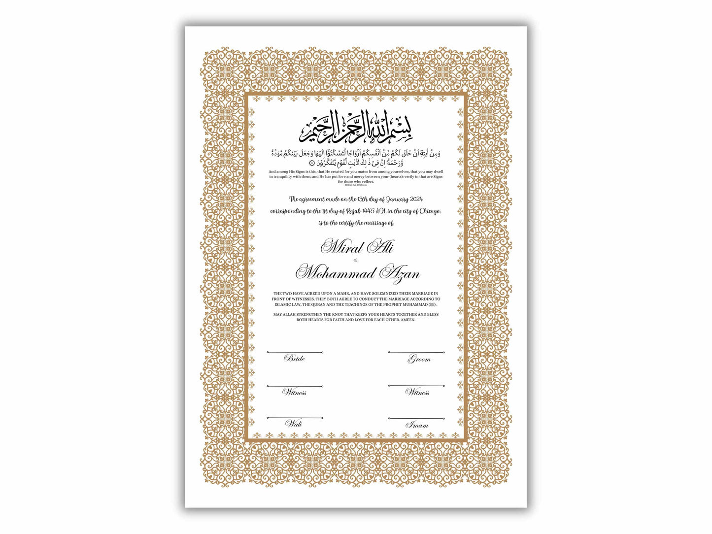 Luxury Nikkah Certificate, Premium A4/A3 Islamic Wedding Contract, Nikkah Nama, Muslim Marriage Certificate, Personalised Names, NN198