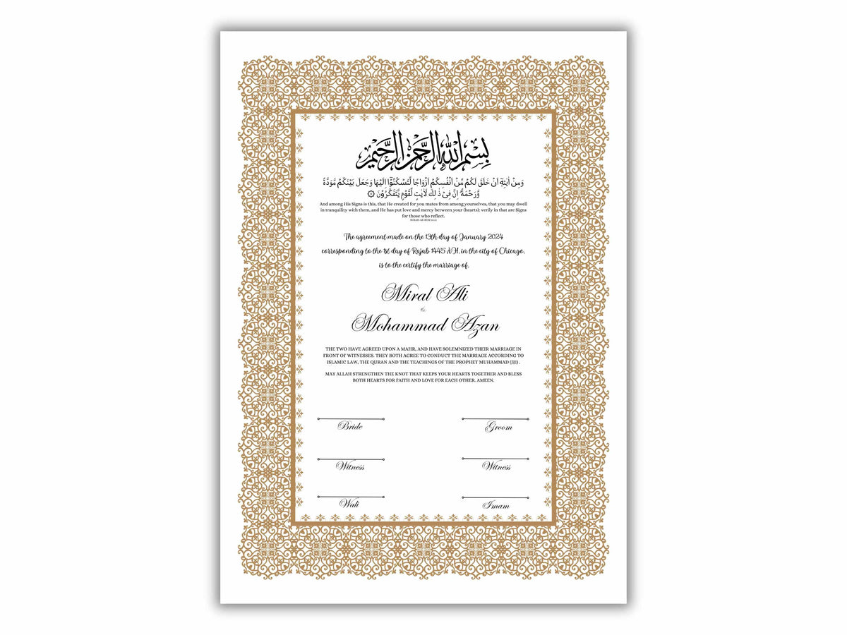Luxury Nikkah Certificate, Premium A4/A3 Islamic Wedding Contract, Nikkah Nama, Muslim Marriage Certificate, Personalised Names, NN198
