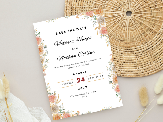 Blush Peach Floral Wedding Invitation Suite, Editable RSVP, Details, Menu & Thank You (Digital Download) MTC387