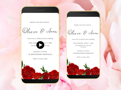 Red Rose Wedding Evite Template, Electronic Wedding Invitation, Red Rose video Wedding Invitation, Text Message, Mobile Phone Invite. WEI35