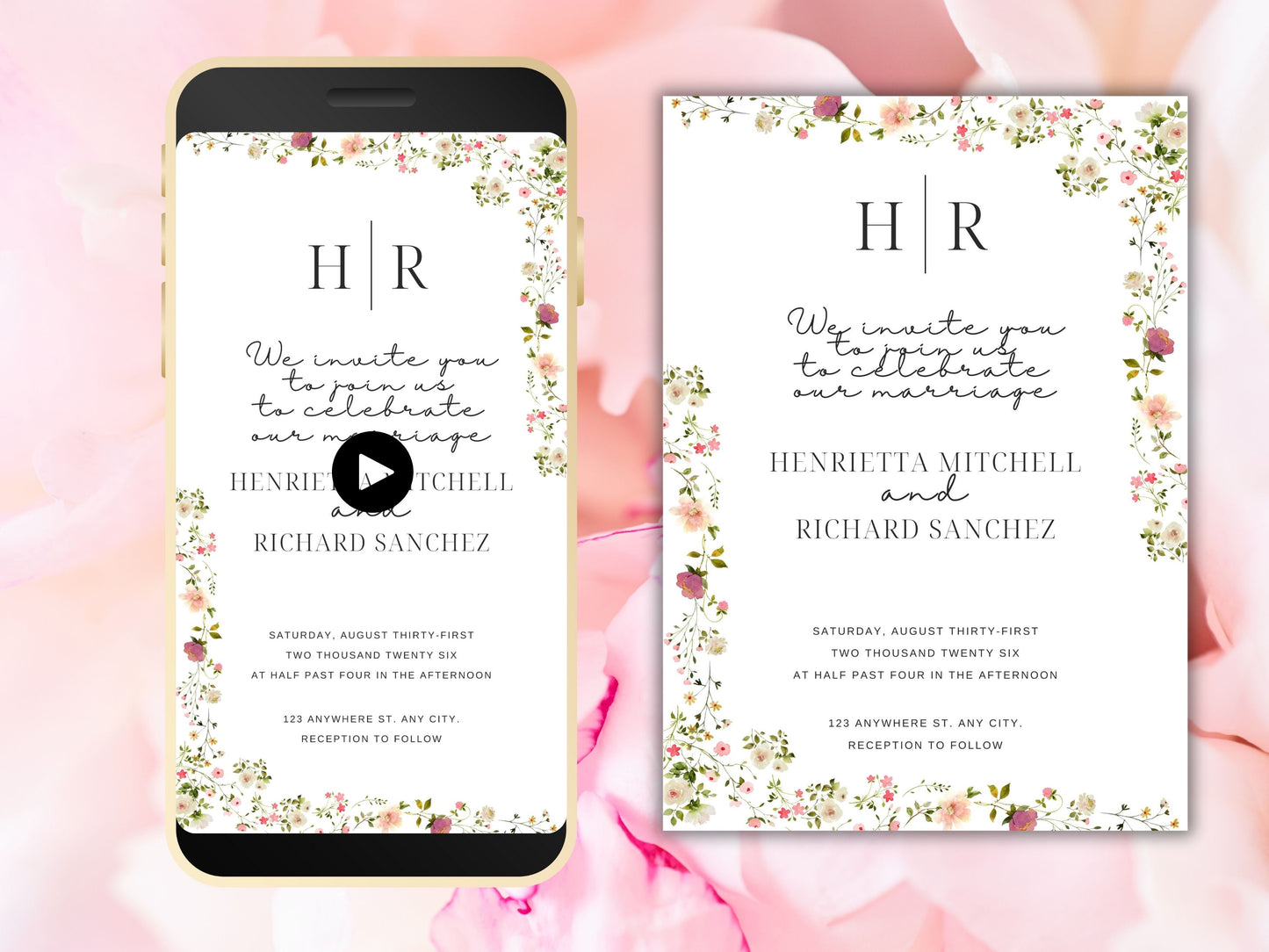 Wildflower Wedding Invitation, Electronic Wedding Invite Template , Minimalist Evite, Floral Wedding Evite, Templett. WEI43