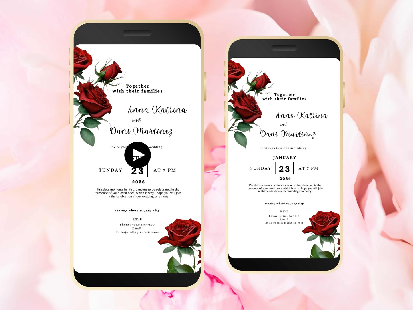 Red Rose Wedding Evite Template, Electronic Wedding Invitation, Red Rose video Wedding Invitation, Text Message, Mobile Phone Invite. WEI36