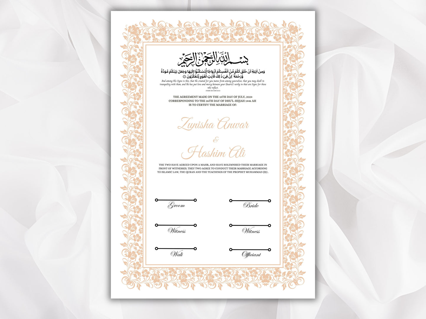 Nikkah Certificate Template, Traditional Islamic Wedding Agreement, Marriage Contract Wedding, Marriage Certificate Template, A4, A3. NN263