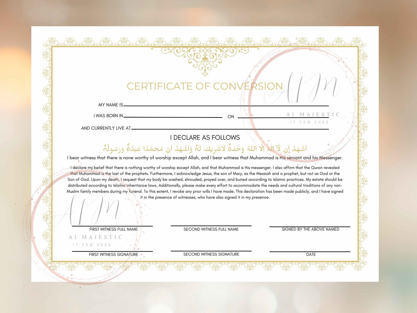 Conversion Certificate, Muslim Conversion Certificate, Shahada Certificate, Convert Certificate, Editable, Printable, Instant Download. CC2