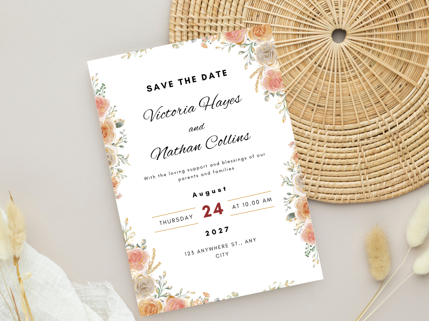 Elegant Floral Wedding Invite, RSVP, Details Card, Menu & Thank You MTC386