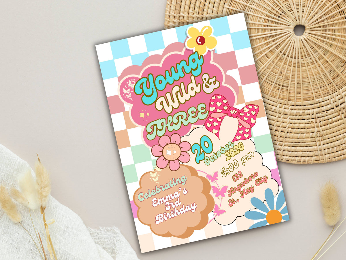 Editable Young wild and three Groovy Birthday Invitation EDITABLE Girl Daisy Rainbow Groovy 3rd Invite Hippie Party Template Instant. WEIB86