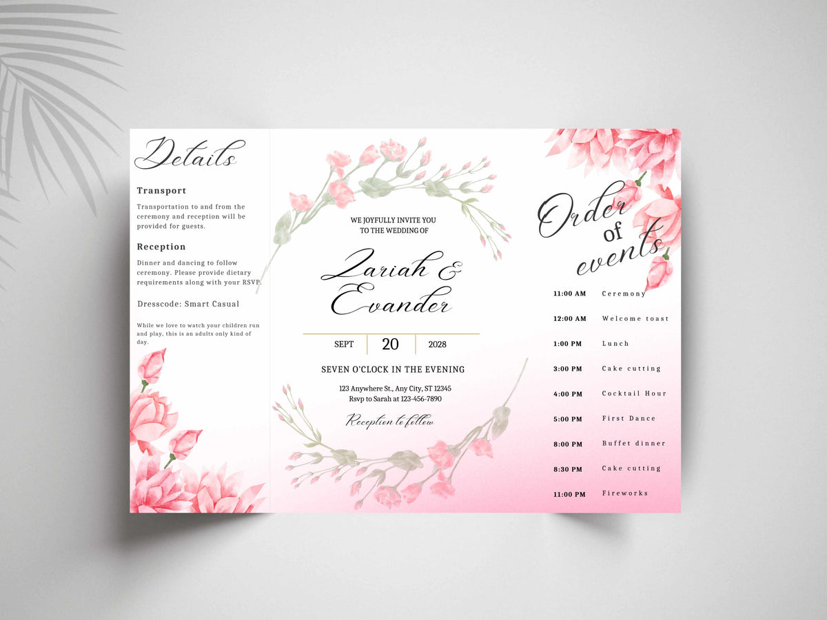 Pink Floral Wedding Invitation Template, Editable Order of Events Card, Modern Wedding Itinerary, Printable Wedding Invite Suite. 171