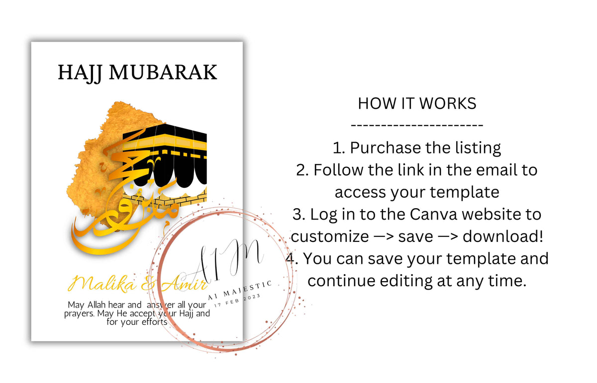 Personalized Couple Hajj Mubarak Template, Haj Gift, Digital Print , Hajj Wishes, Editable Template, A2, A3, A4, A5, Pdf Template. UM4