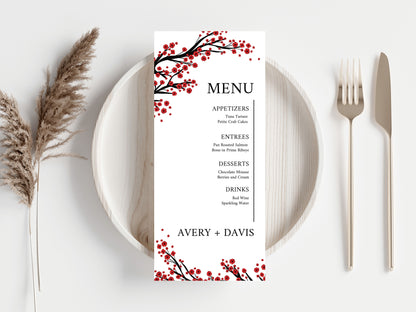 Red Floral Wedding Menu & Thank You Card Template .WI192