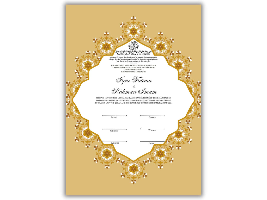 Customized Nikkah Certificate, A4/A3 Contract Digital Nikah Nama, Islamic Marriage Certificate, Muslim Marriage Contract Gold.NN228