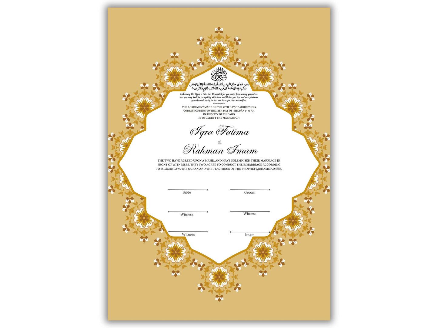 Customized Nikkah Certificate, A4/A3 Contract Digital Nikah Nama, Islamic Marriage Certificate, Muslim Marriage Contract Gold.NN228