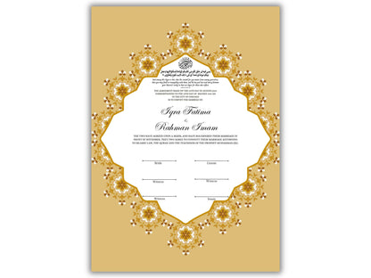 Customized Nikkah Certificate, A4/A3 Contract Digital Nikah Nama, Islamic Marriage Certificate, Muslim Marriage Contract Gold.NN228