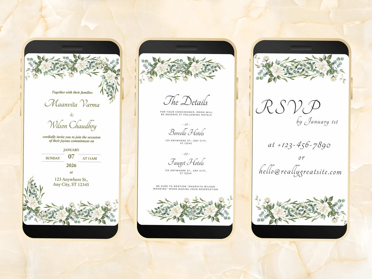 White Wedding Invitation, Online Invitation Template, White E-Invite, RSVP Invitation, Digital White Rose Wedding Invitation. WEIB35