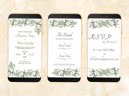 White Wedding Invitation, Online Invitation Template, White E-Invite, RSVP Invitation, Digital White Rose Wedding Invitation. WEIB35