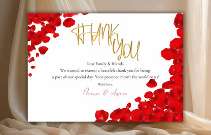 Printable Thank You Card, Editable Red, Gold and White Thank You Note, Red Petals Wedding Sign, Editable Modern Thank You Card. WSB48