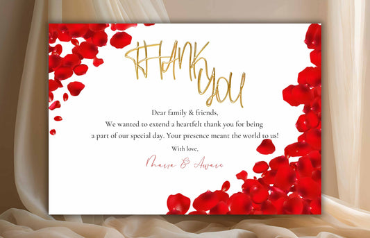 Printable Thank You Card, Editable Red, Gold and White Thank You Note, Red Petals Wedding Sign, Editable Modern Thank You Card. WSB48