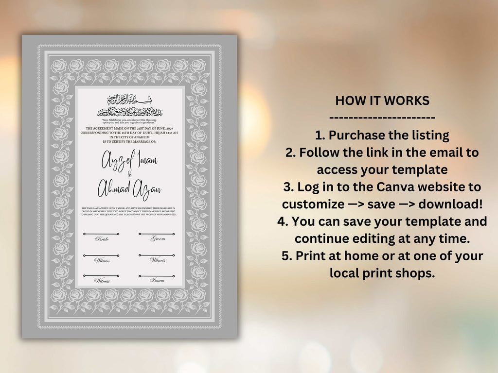 Rose Nikkah Certificate Template, Editable Nikkahnama, Printable Nikah Contract, Muslim Contract, Nikkah Islamic Marriage Contract.NN256
