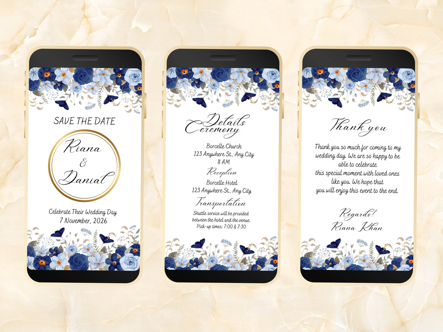Wedding Invitation, Electronic Wedding Invite, Digital Download, Blue Floral Wedding Evite, Templett. WEIB90
