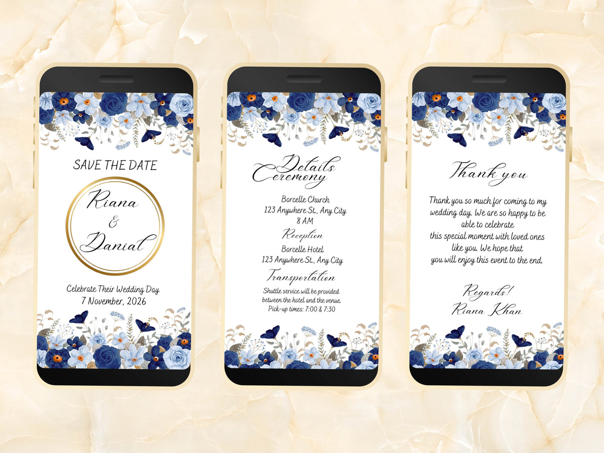 Wedding Invitation, Electronic Wedding Invite, Digital Download, Blue Floral Wedding Evite, Templett. WEIB90