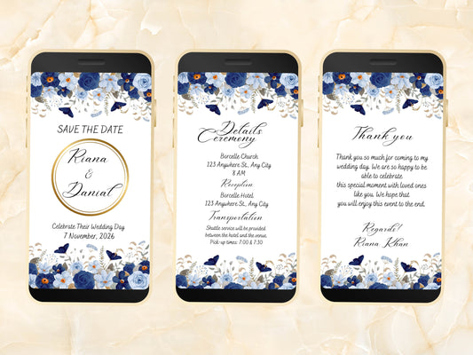 Wedding Invitation, Electronic Wedding Invite, Digital Download, Blue Floral Wedding Evite, Templett. WEIB90