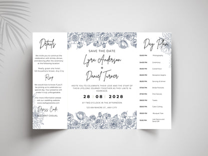 Gatefold Wedding Invitation Template | Minimalist Floral Wedding Invite | Modern Save the Date Template | Printable Wedding Suite. WI186