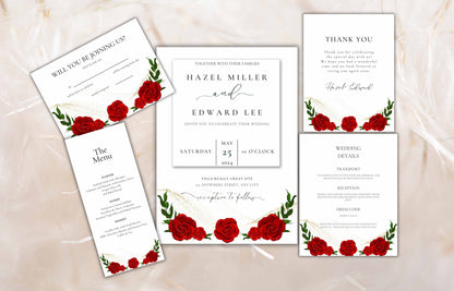 Red Rose Wedding Invitation set, Red Rose RSVP, Dark Red floral, Red Rose wedding Invitation, Details, Menu, Editable, Thank You Card. WIT62