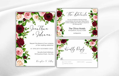 Red Wedding Invitation Set, Floral invitation,Editable Template, RSVP Card, Details Card, Burgundy and Pink Floral with Gold Frame, WIT87