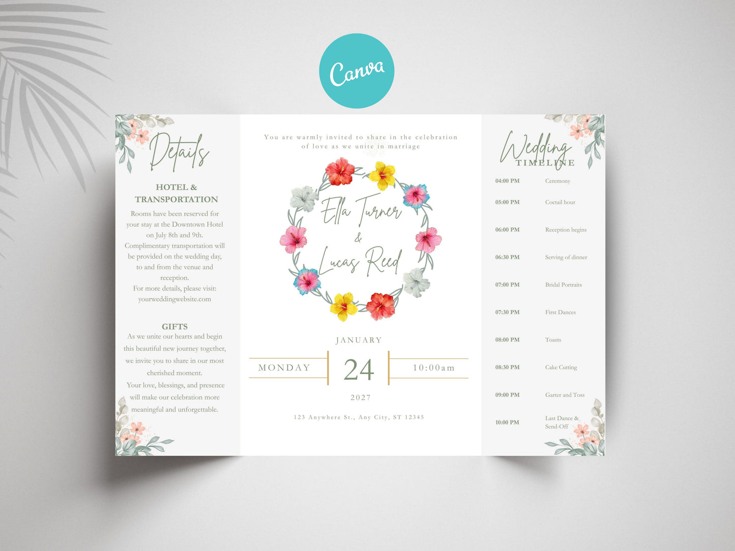 Floral Gatefold Wedding Invitation | Elegant Timeline Wedding Card | Modern Botanical Wedding Invitation with Details & Schedule. WI154