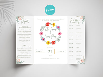Floral Gatefold Wedding Invitation | Elegant Timeline Wedding Card | Modern Botanical Wedding Invitation with Details & Schedule. WI154