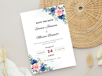 Navy Blue Floral Wedding Invitation Suite, Editable RSVP, Details, Menu & Thank You (Digital Download) | MTC391